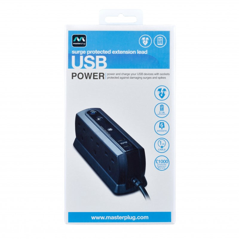Masterplug SRGDU62MB2 6位13A USB防雷電源拖板 (2米) Masterplug SRGDU62MB2 6位13A USB防雷電源拖板 (2米)